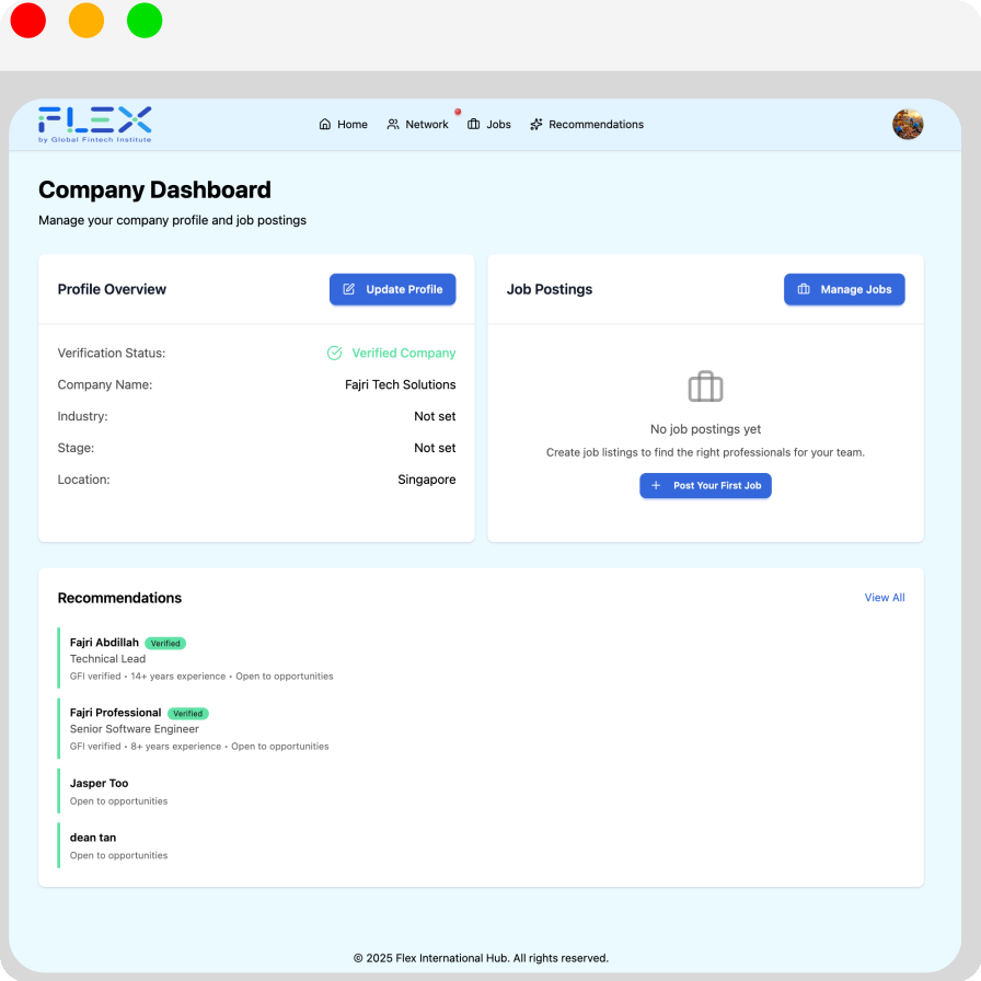 FLEX Platform — Company Dashboard showing verified profiles, job postings, and ecosystem recommendations